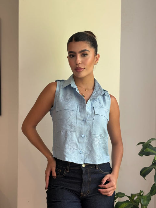 Camisa seda crepe bordada